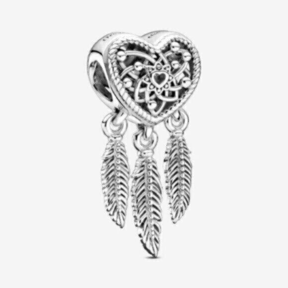 Pandora Openwork Heart & Three Feathers Dreamcatcher Charm - Picture 1 of 5